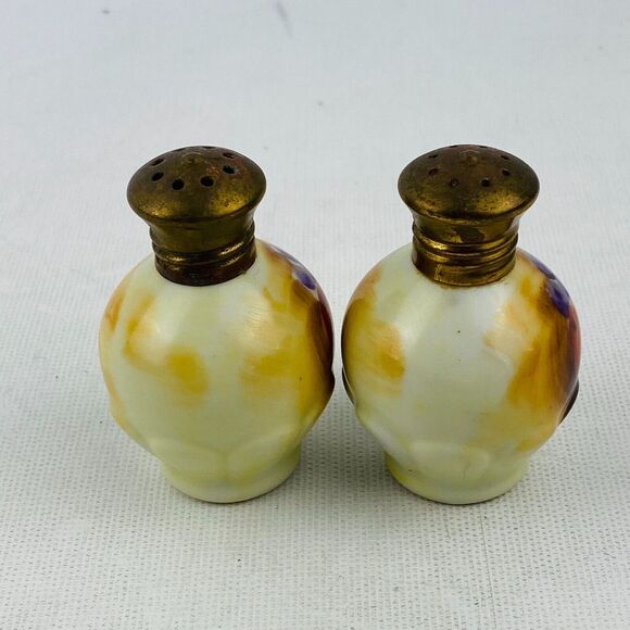 Vtg Enesco Fruit Pattern Salt Pepper Set & Holder Gold Trim Hand Painted E2358 - Picture 5 of 9